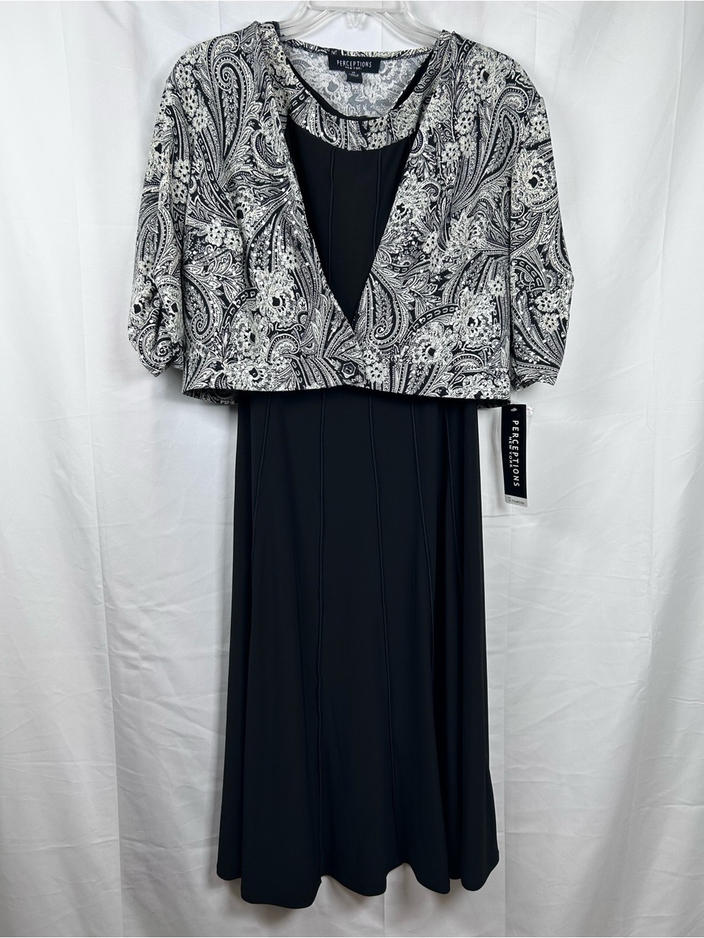 Perceptions New York Black White 2 Piece Set Size 12 Midi Dress Cropped Jacket